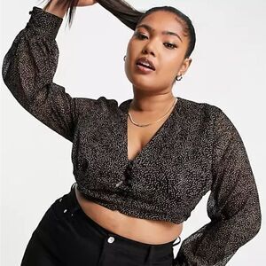 Koco & K Plus volume sleeve crop top in disty print Long Sleeves Button Up Shirt